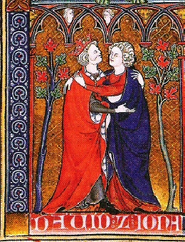 Los príncipes bíblicos David y Jonatán se abrazan, miniatura de Don de Dios , manuscrito francés (c. 1300), Biblioteca Británica.